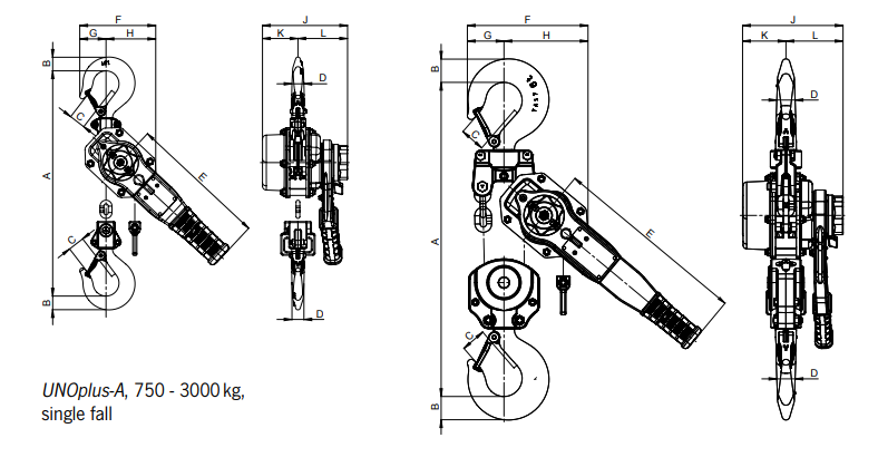 yale uno plus ratchet hoist a series dimensions